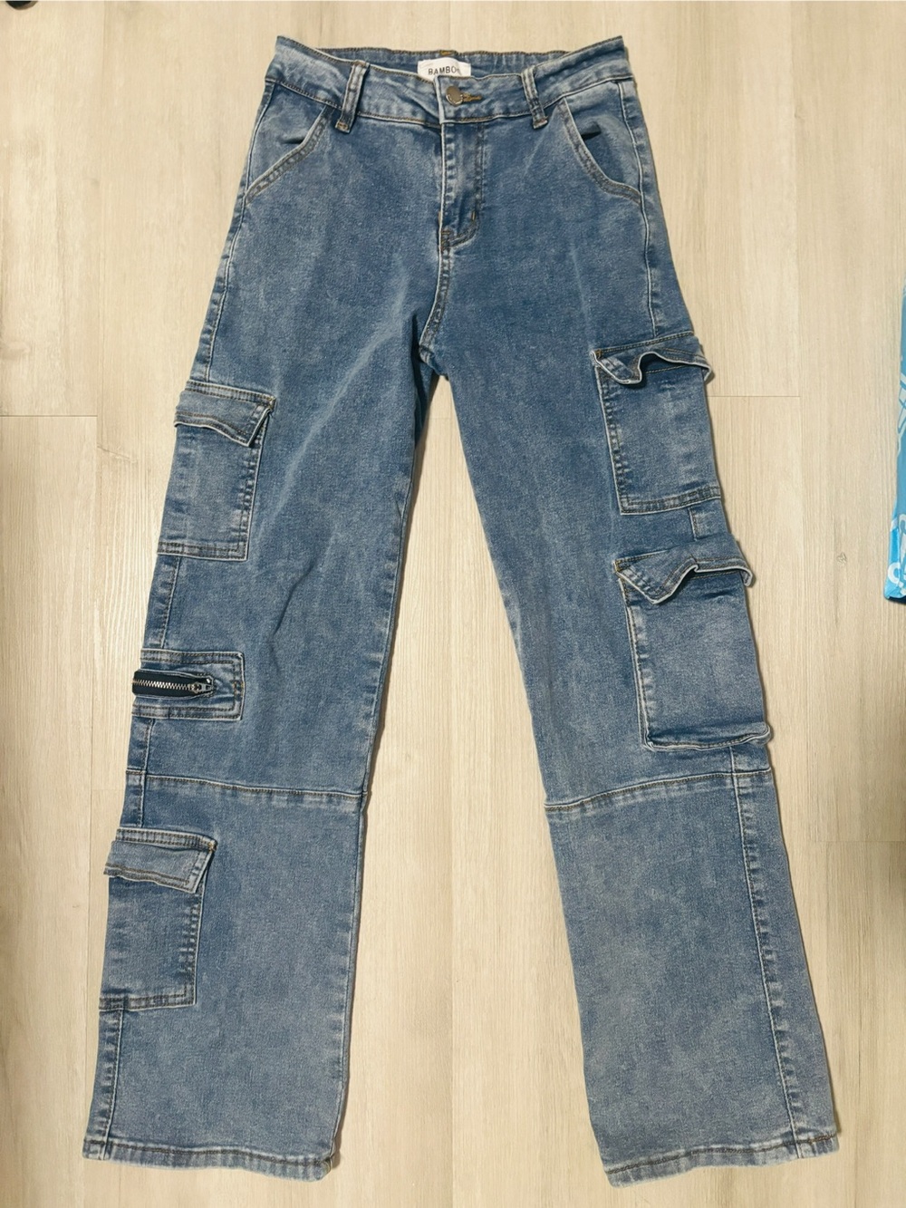 BAMBOO Light Blue Stretch Straight Leg Cargo Utility Jeans Size 1